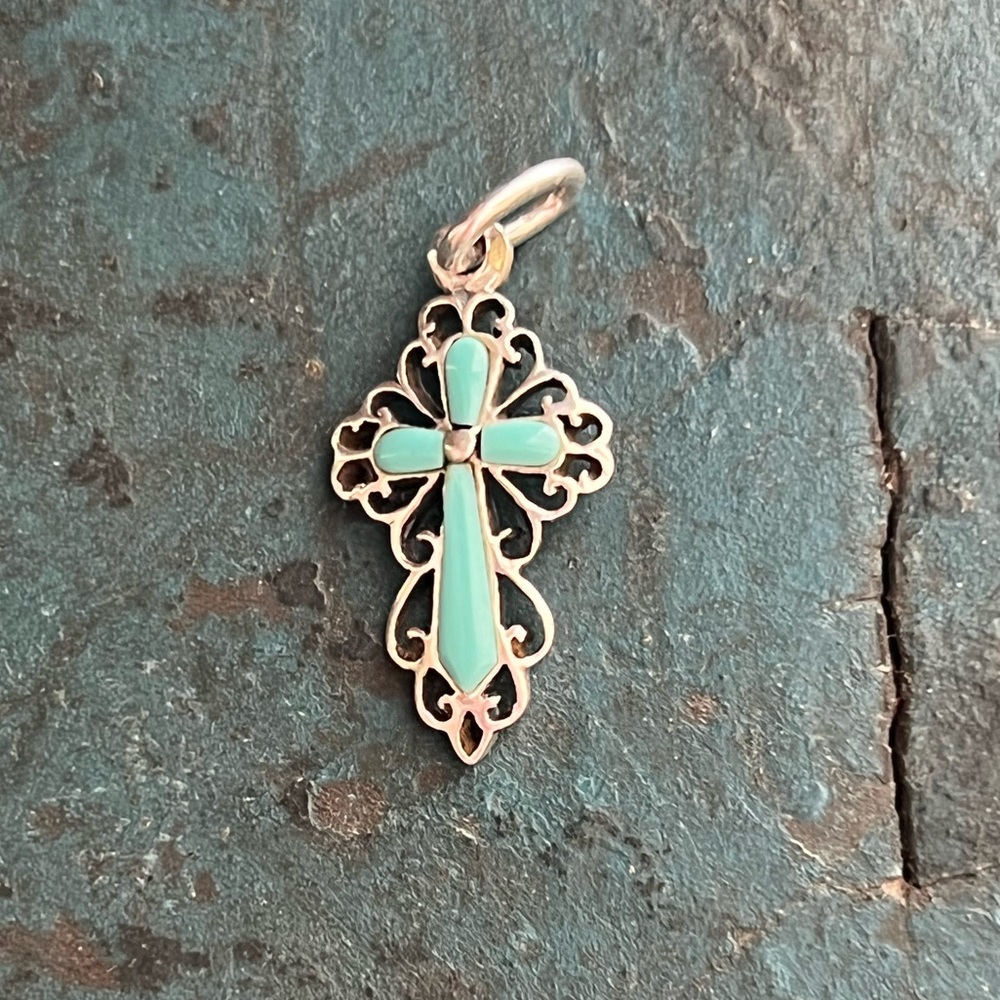 Vintage Native American Sterling Silver Turquoise Cross Pendant - Picture 7 of 7